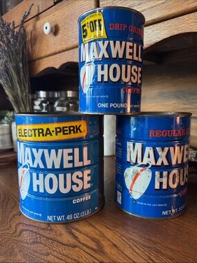 Maxwell House Metal Vintage Blue Coffee Cans - Set of 3 different sizes